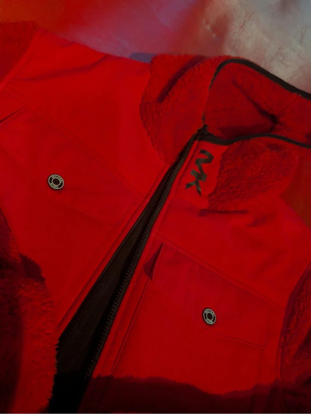 Michael Kors Red Fleece Hooded Jacket with Front Pockets